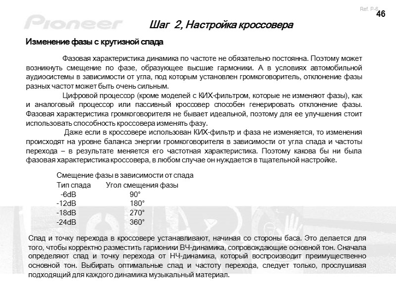 46 Шаг  2, Настройка кроссовера  Изменение фазы с крутизной спада  Фазовая